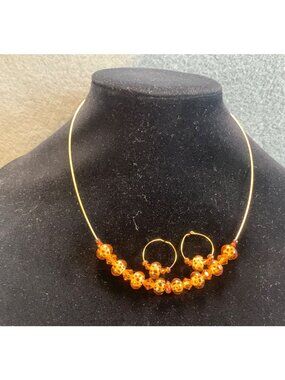Lampwork Glass Tiger Bead Necklace Earring Set Gold Tone Finish Adjustable